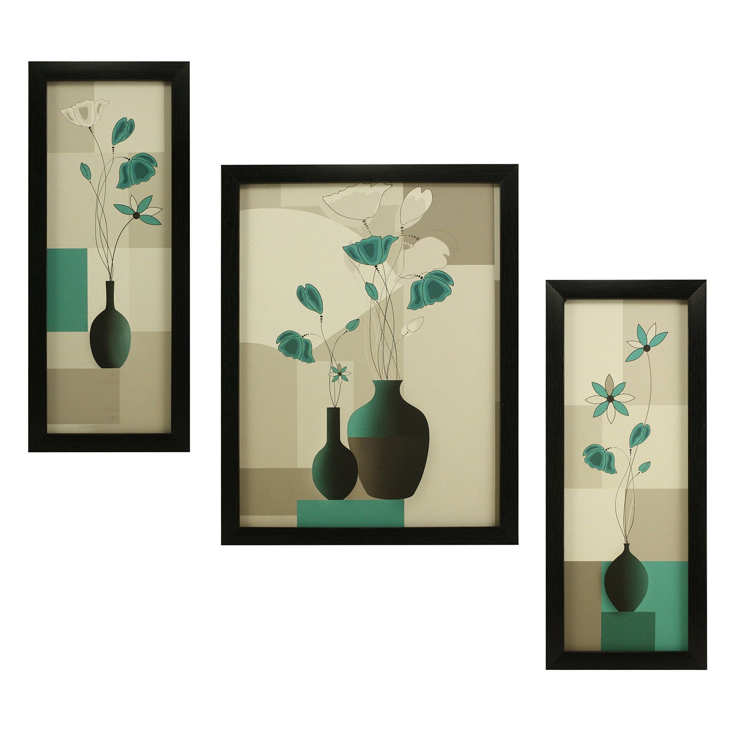 Floral Canvas Paintings Set of 3 - Black Frame - 5.2 x 12.5, 9.5 x 12.5 Inches