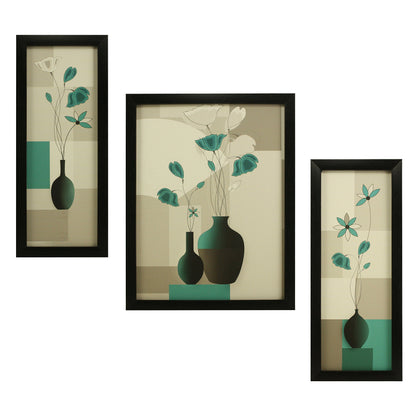 Floral Canvas Paintings Set of 3 - Black Frame - 5.2 x 12.5, 9.5 x 12.5 Inches