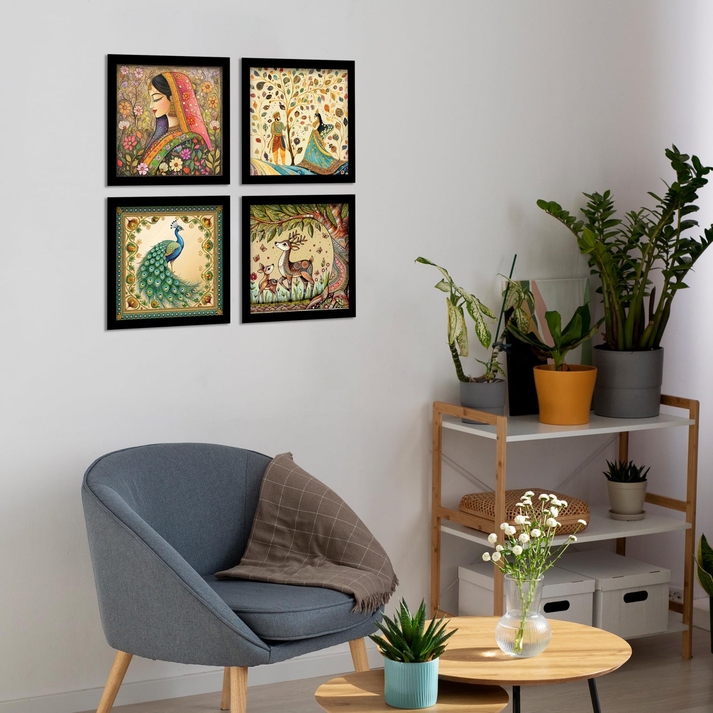 Wall Painting Set of 4 - Traditional Madhubani & Rajasthani Pichwai Art - 22cm Wooden Panels