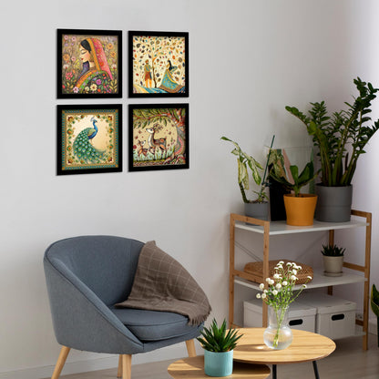 Wall Painting Set of 4 - Traditional Madhubani & Rajasthani Pichwai Art - 22cm Wooden Panels