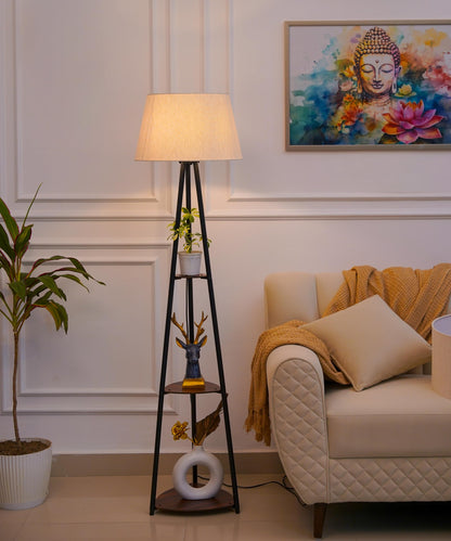 Floor Lamp with Three Shelves Black Polished 5Ft Height with Off White 16" Diameter Tapered Lampshade