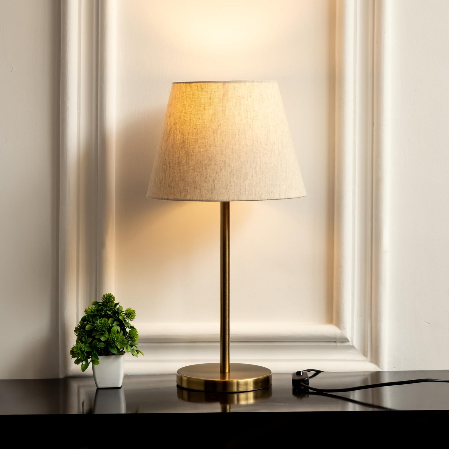 LED Table Lamp Modern Brass Antique Finish 19 Inch Height with 10 Inch Off White Tapered Shade