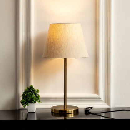 LED Table Lamp Modern Brass Antique Finish 19 Inch Height with 10 Inch Off White Tapered Shade