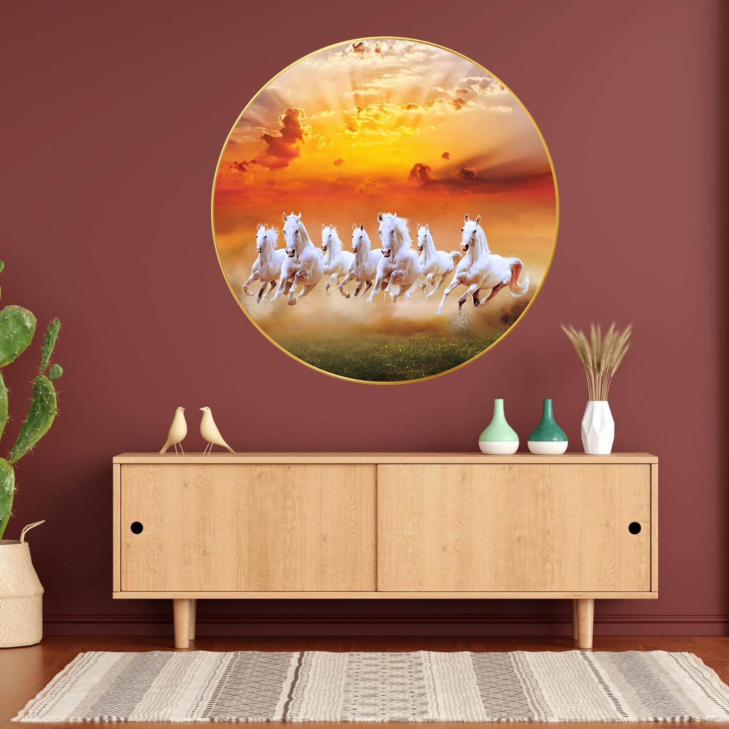 Wall Painting - 7 Horses Vastu Art - Sparkle Laminated - Golden Frame - 40 cm x 40 cm