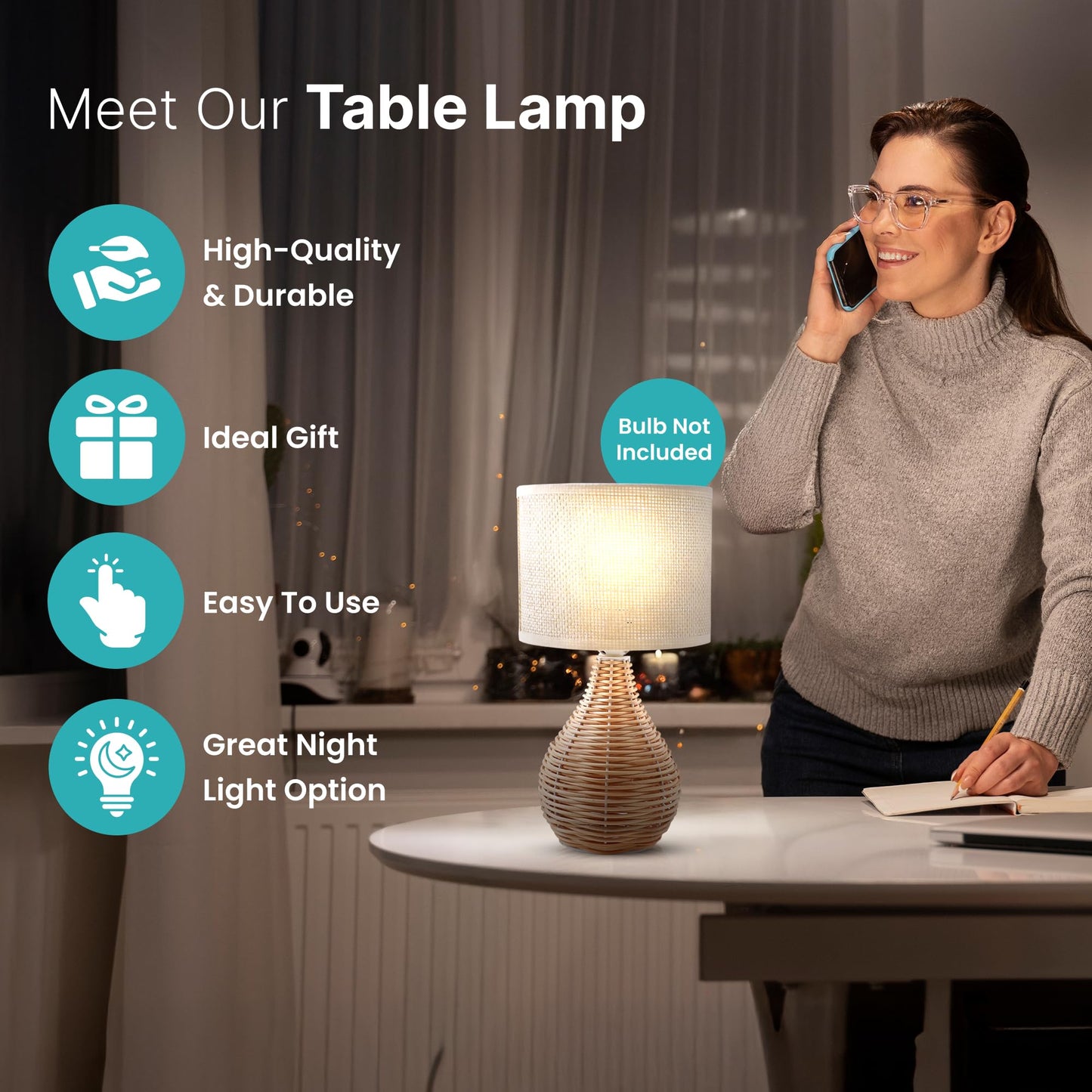 Table Lamp Eco-Friendly Rattan and Linen 31CM for Bedroom and Living Room