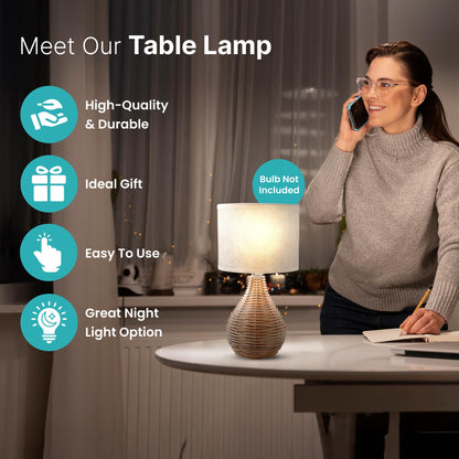 Table Lamp Eco-Friendly Rattan and Linen 31CM for Bedroom and Living Room