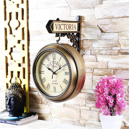 EFINITO 10 Inch Dial Vintage Antique Brown Wooden Finished Station Double Sided Wall Clock - Silent Movement