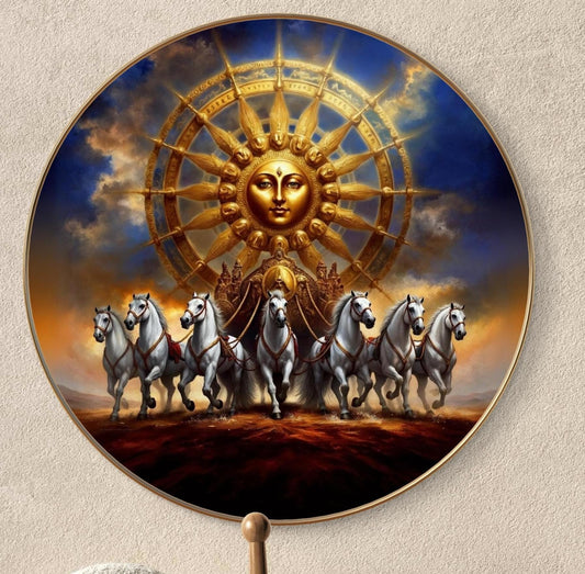 Canvas Wall Painting with Round Golden Frame - Surya Dev & 7 Running Horses - Large Size for Living Room, Bedroom