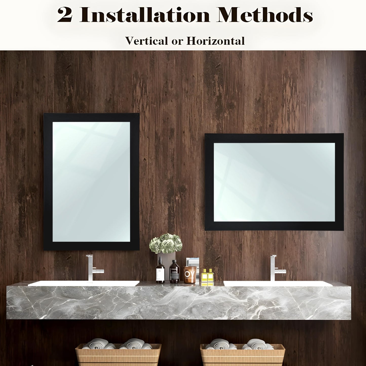 Rectangular Wall Mirror with Synthetic Wooden Frame, Black Finish, Inner Size 12x18 in, Outer Size 15x21 in