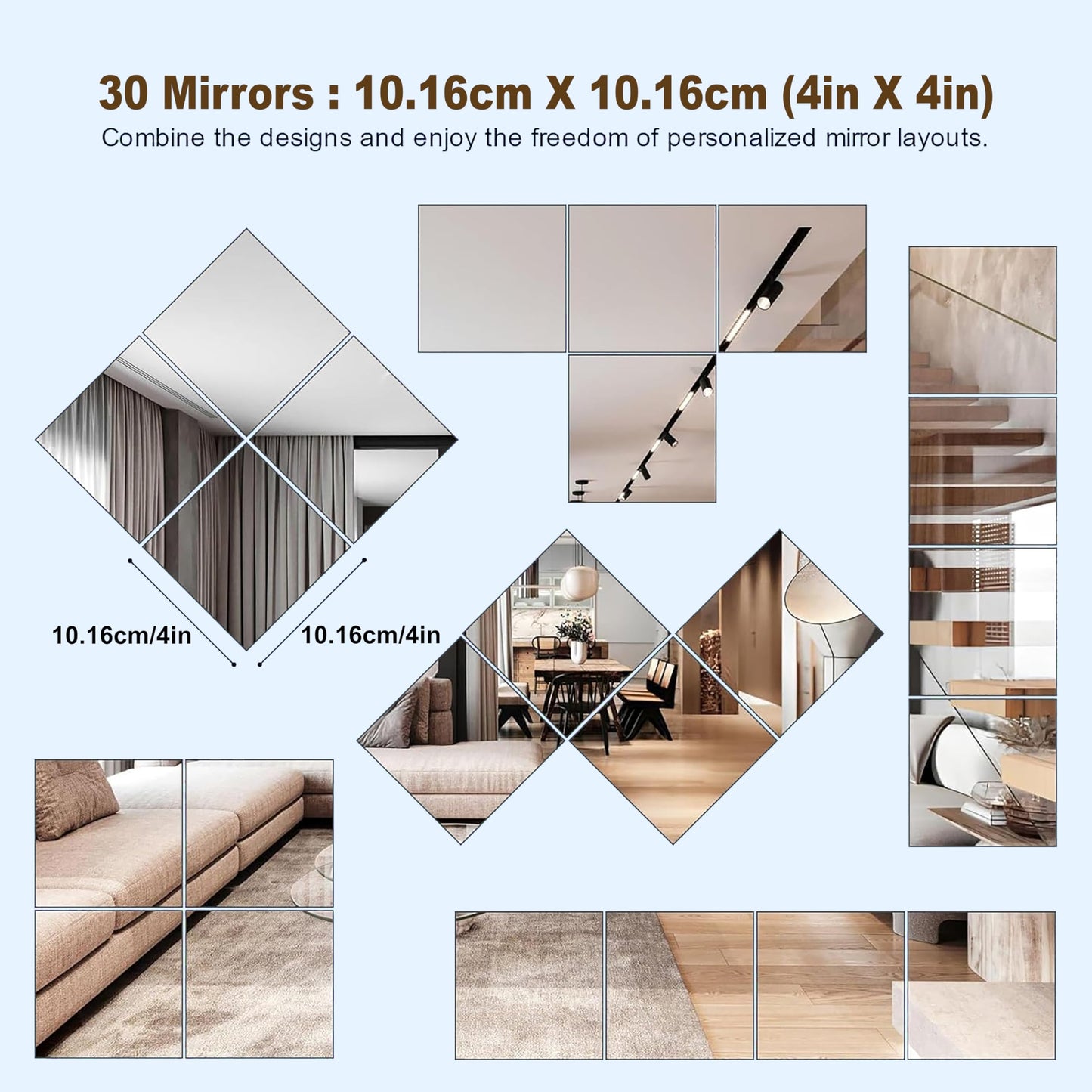 Wall Mirror Stickers Set of 30 - Acrylic Reflective Square Stickers - Silver - 15 cm x 15 cm