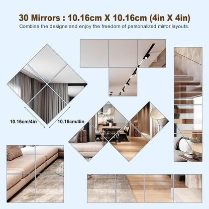 Wall Mirror Stickers Set of 30 - Acrylic Reflective Square Stickers - Silver - 15 cm x 15 cm