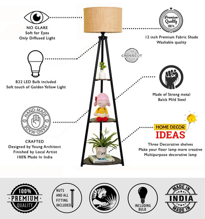 Decorative Floor Lamp with 3 Shelves - Black Metal - LED Bulb Included