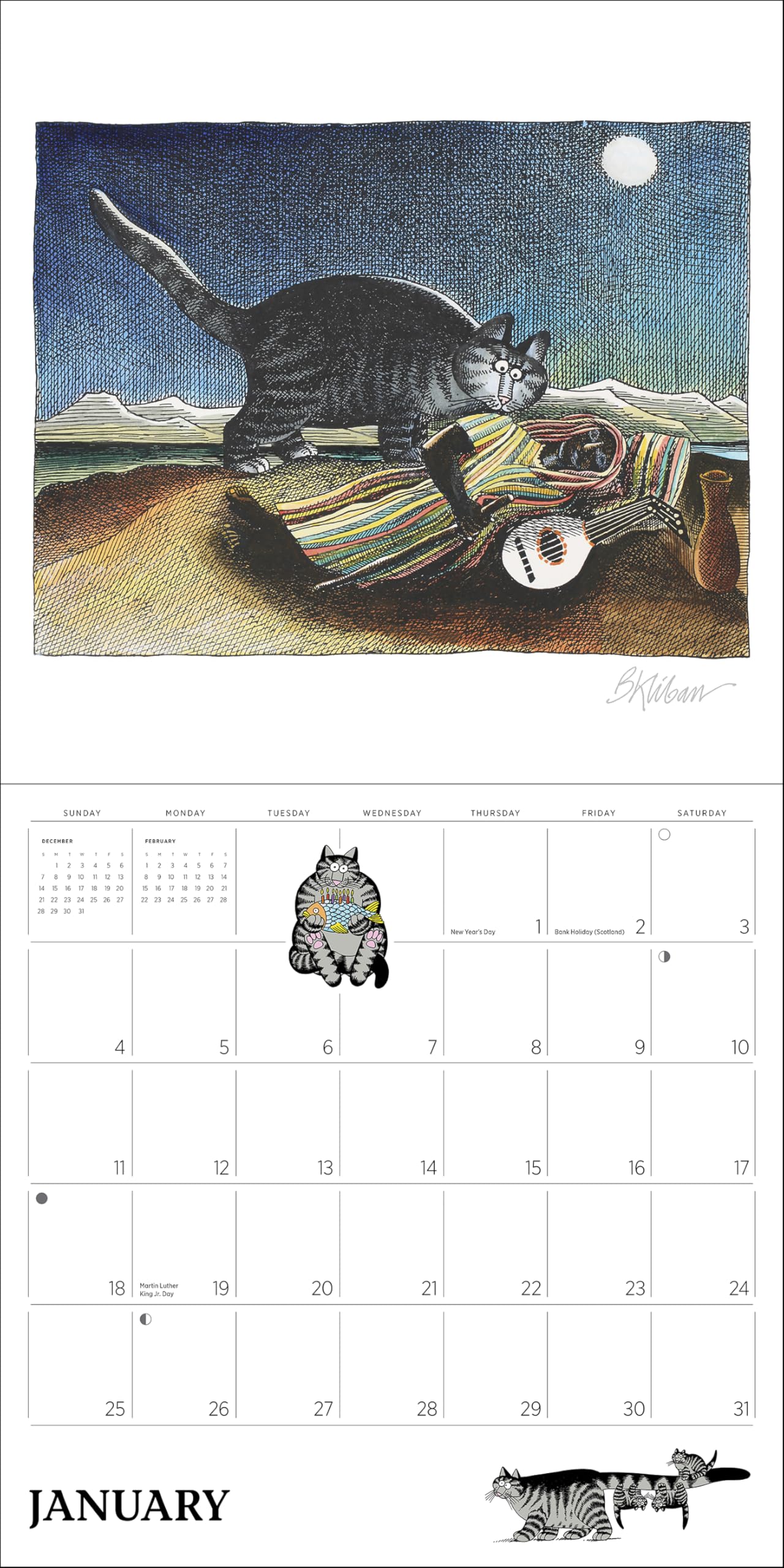 Wall Calendar 2026, B. Kliban: Cat Calendar Art, 12 Months, Large Grid Design Featuring 12 Artworks