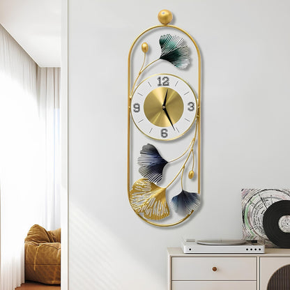Gingko Leaf Wall Clock - Large Metal Design in Matte Black & Gold