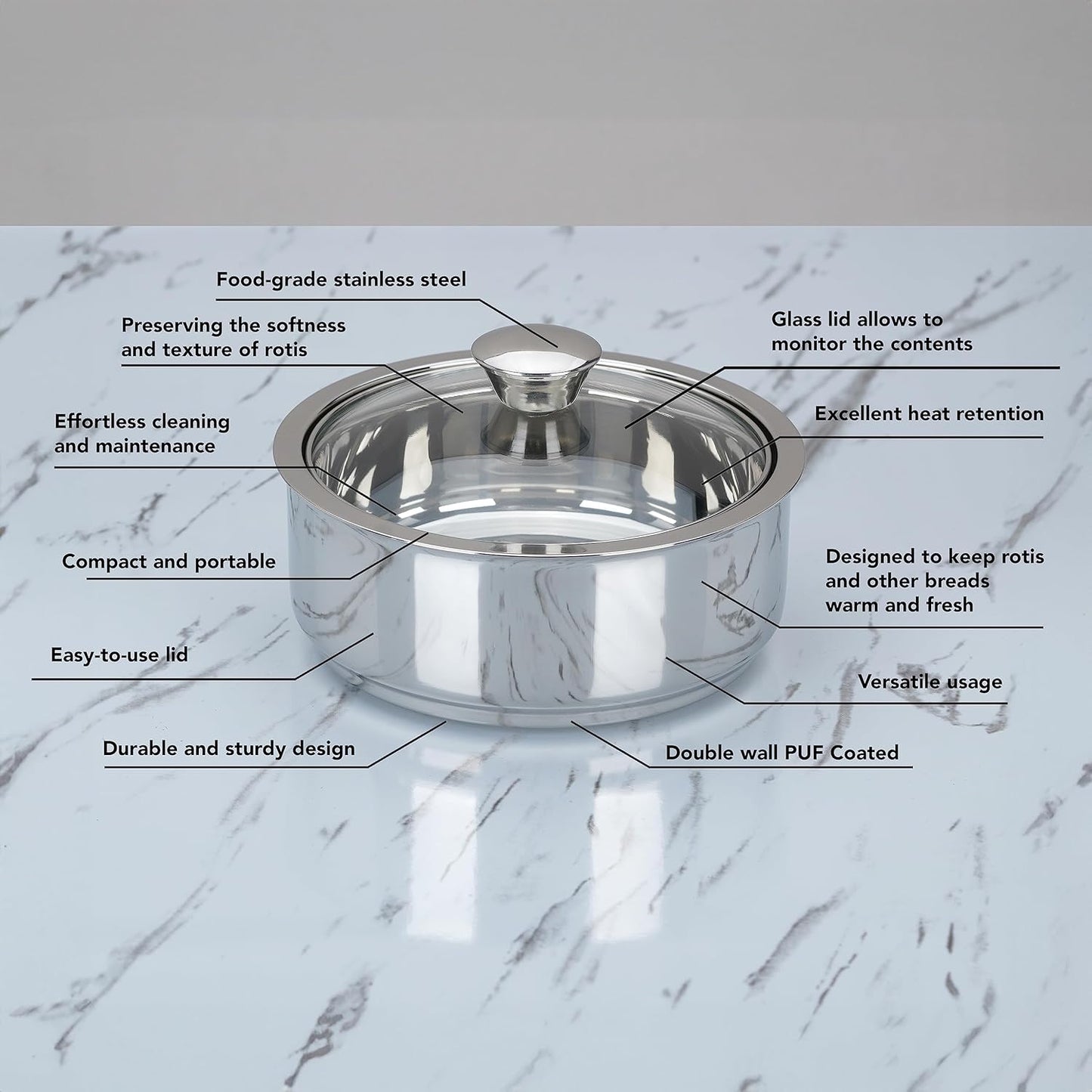 Sumeet Stainless Steel Casserole with Glass Lid | 2 Pieces - 1 Ltr & 1.6 Ltr