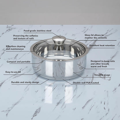 Sumeet Stainless Steel Casserole with Glass Lid | 2 Pieces - 1 Ltr & 1.6 Ltr