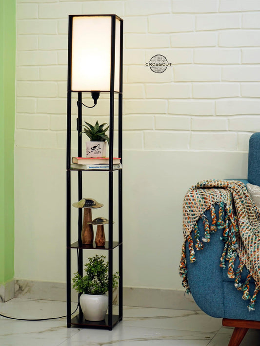Floor Lamp with Shelf - Modern Design - Wood and Metal - Cotton White - LED Compatible