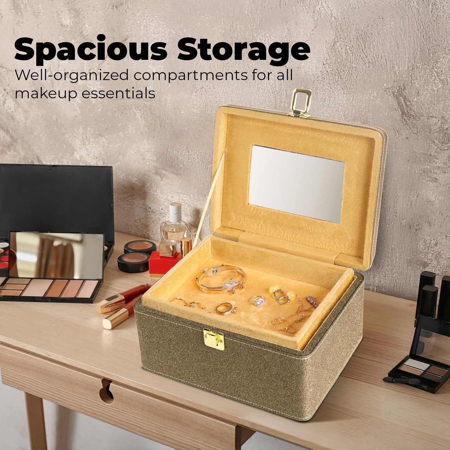 Gold Makeup Vanity Box - Large Cosmetic Organizer for Travel