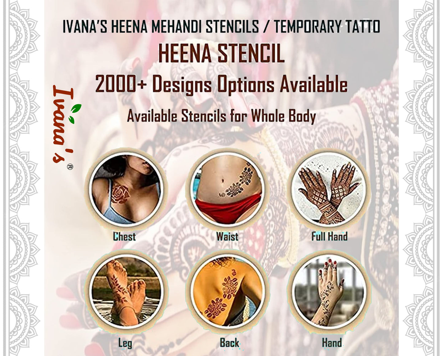 20-Piece Mehndi Tattoo Stencil Set for Hands & Round Designs