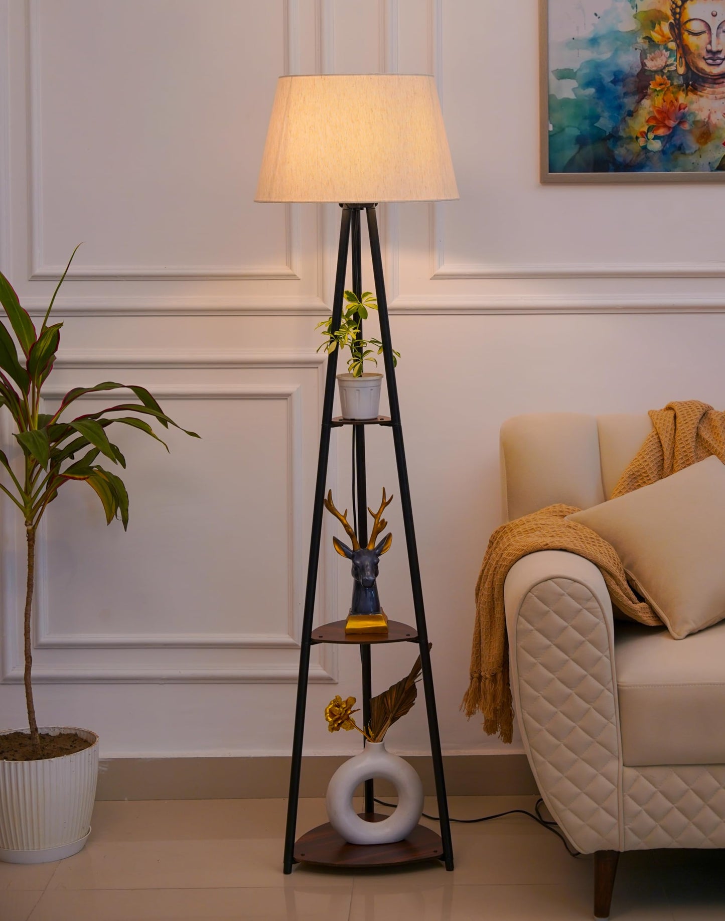 Floor Lamp with Three Shelves Black Polished 5Ft Height with Off White 16" Diameter Tapered Lampshade