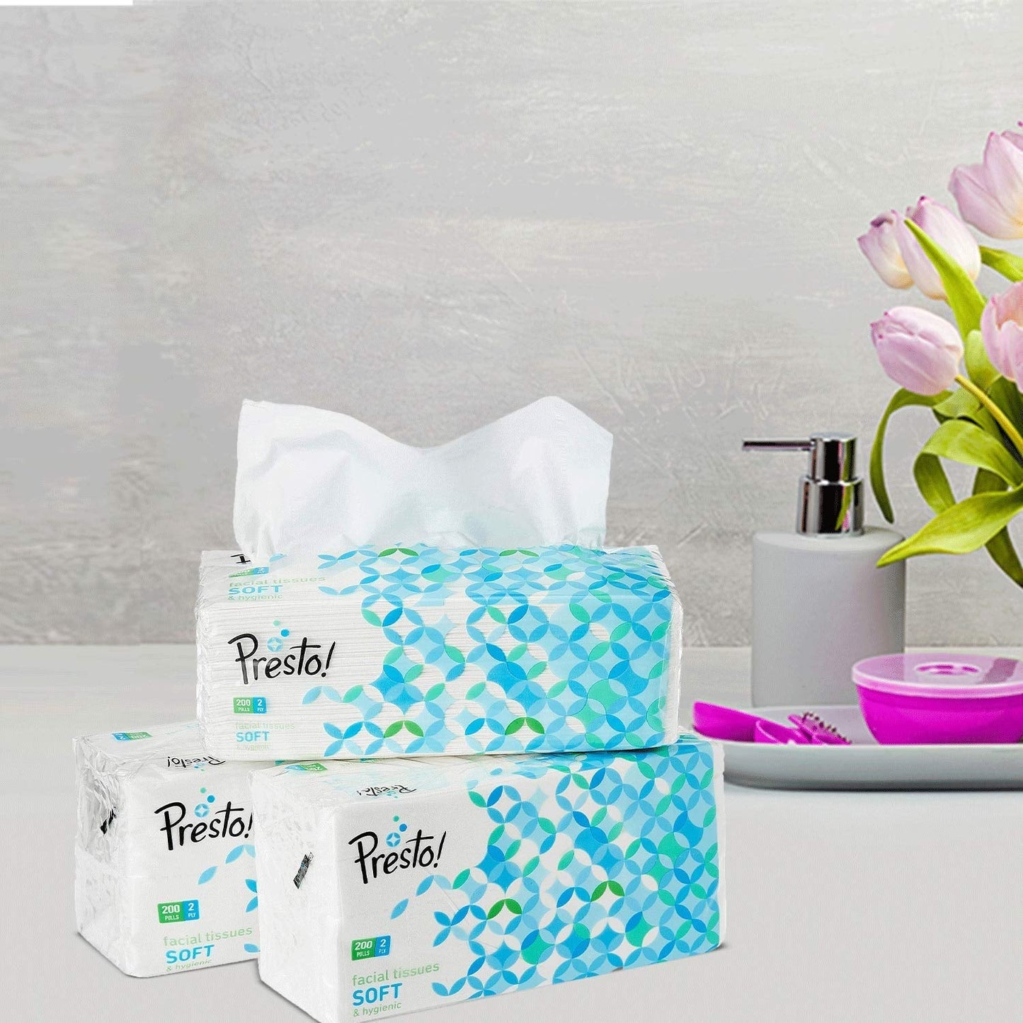 2 Ply Facial Tissue Soft Pack - 200 Pulls, Pack of 3