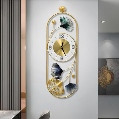 Gingko Leaf Wall Clock - Large Metal Design in Matte Black & Gold