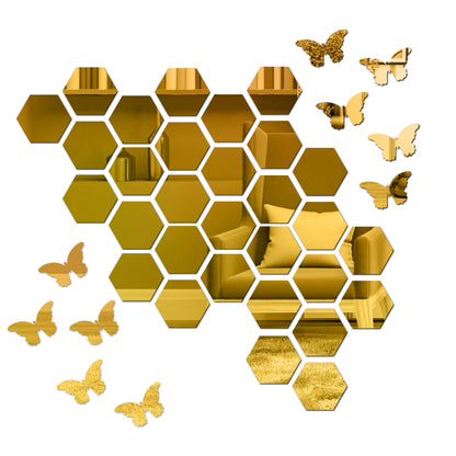 Hexagonal Wall Mirror Set with Butterfly Stickers - Golden Acrylic - 15 cm Diameter - 30 Mirrors & 10 Butterflies