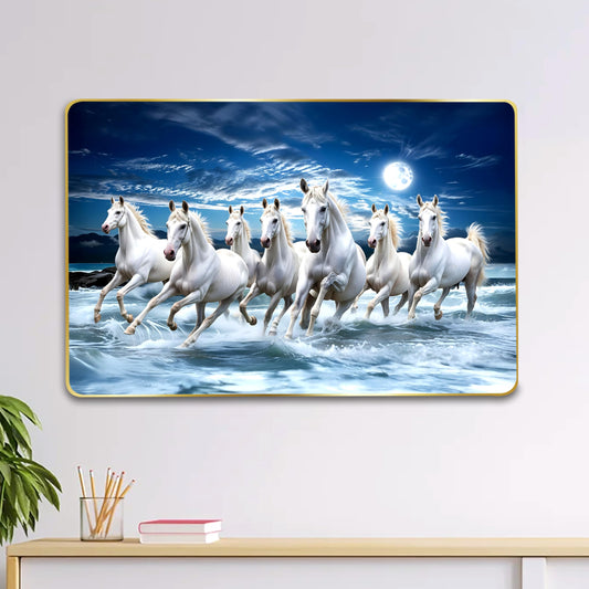 Canvas Painting of 7 Running Horses in Golden Frame - 18 x 12 Inches