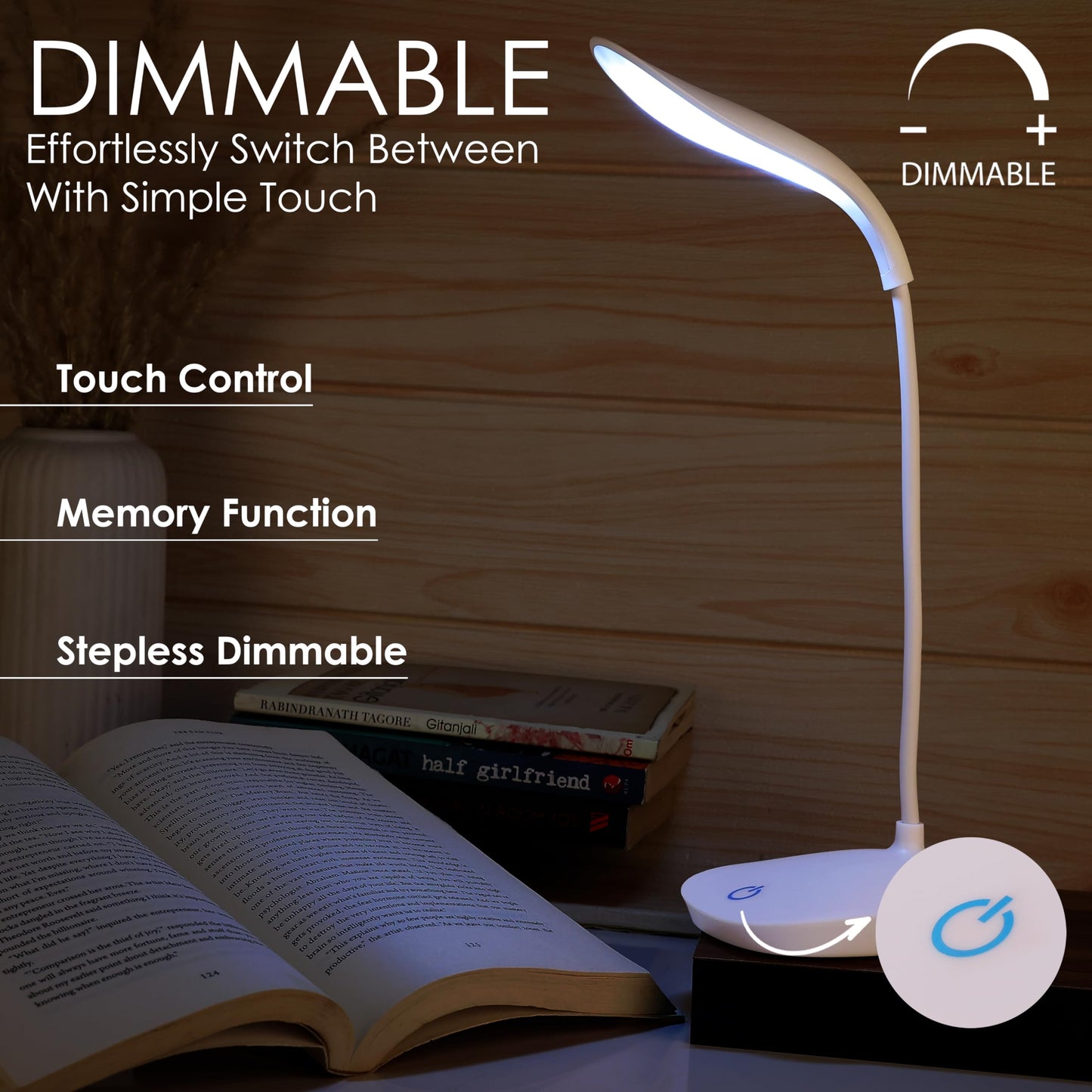 LED Table Lamp with 3 Brightness Levels - White - Rechargeable - Minimalist Design - Portable Study Light