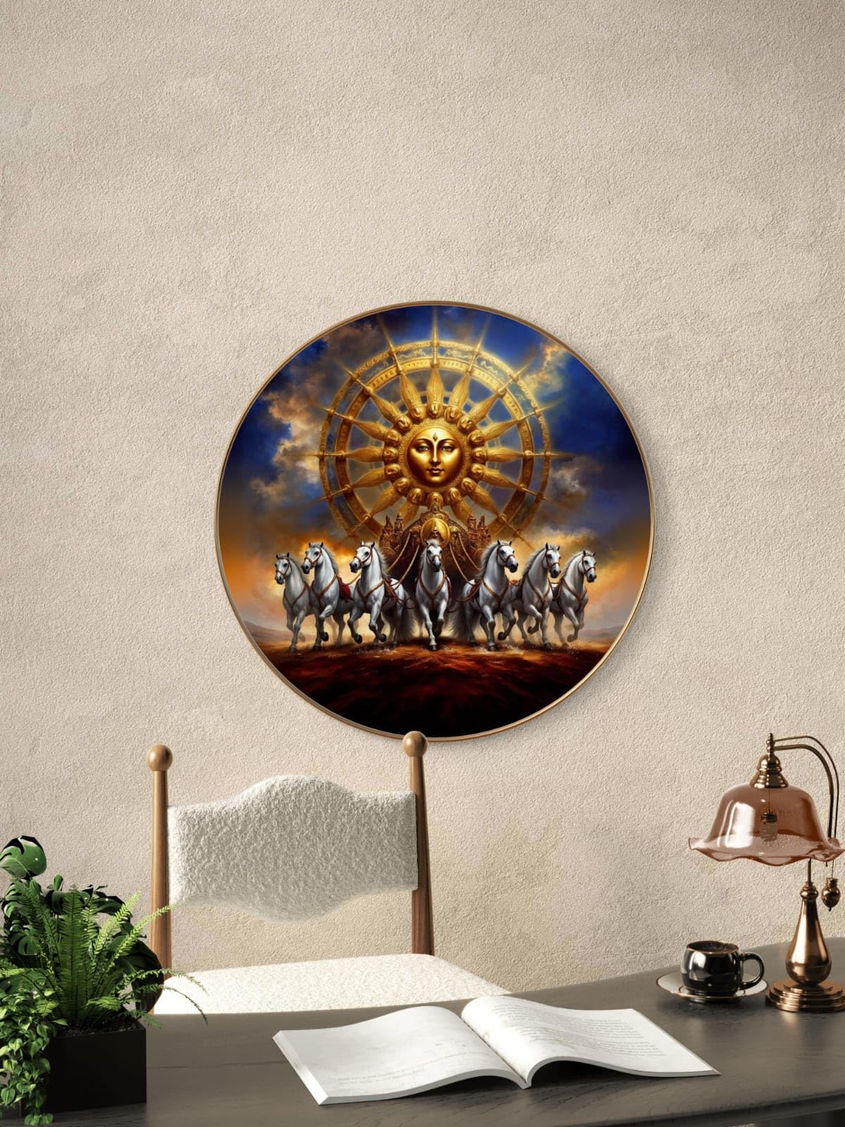 Canvas Wall Painting with Round Golden Frame - Surya Dev & 7 Running Horses - Large Size for Living Room, Bedroom