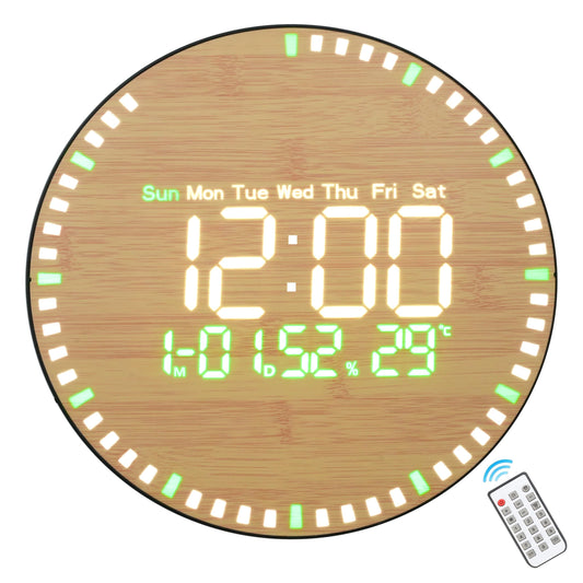 10-Inch LED Digital Wall Clock with Remote Control, Bamboo Style, White