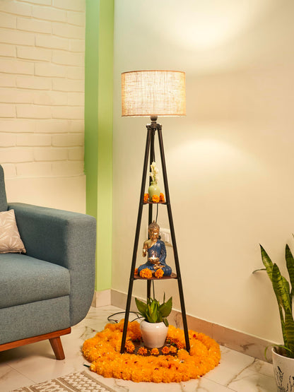 Decorative Floor Lamp with 3 Shelves - Black Metal - LED Bulb Included