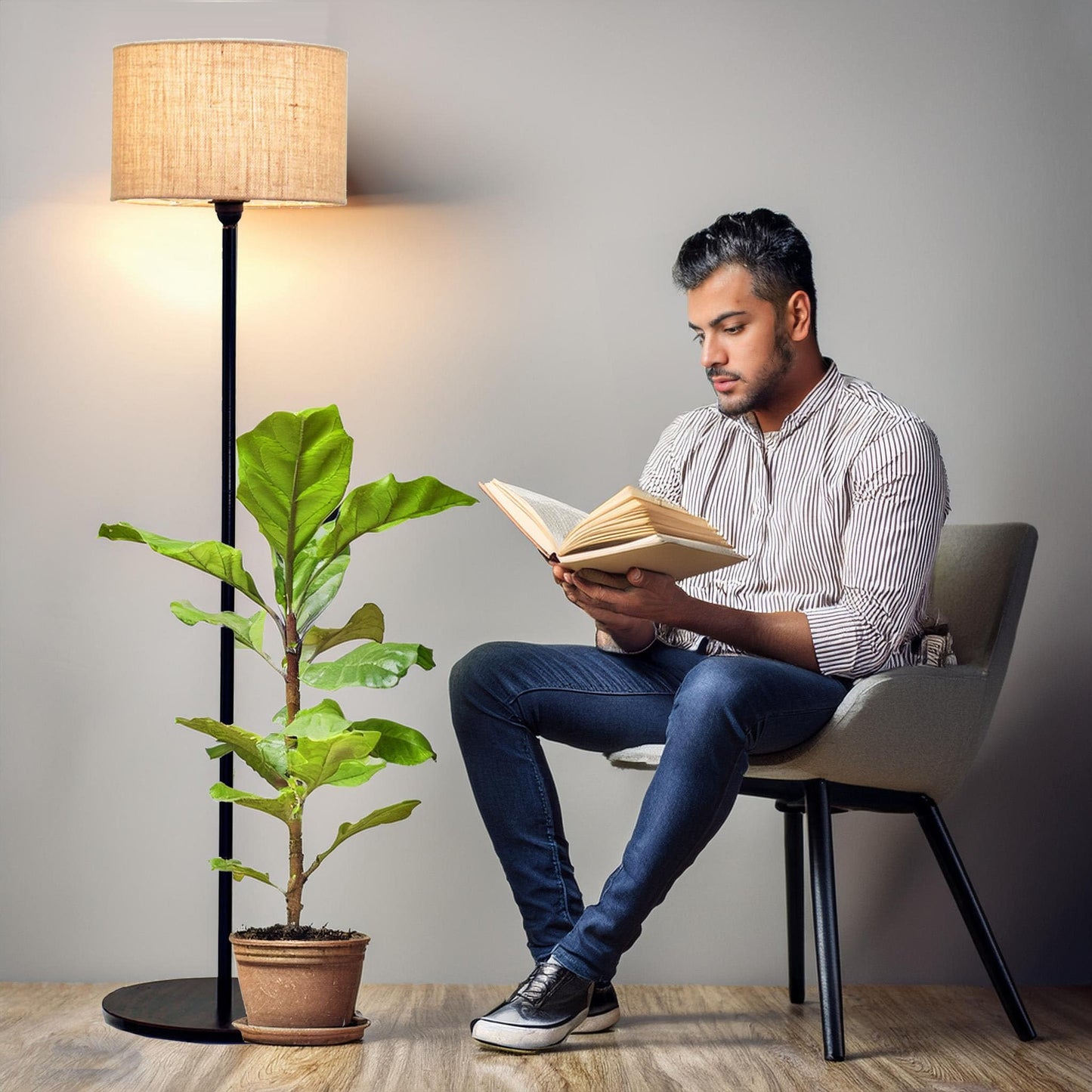 Floor Lamp Minimalist Design Black Metal Jute Shade LED Bulb Included 12 cm