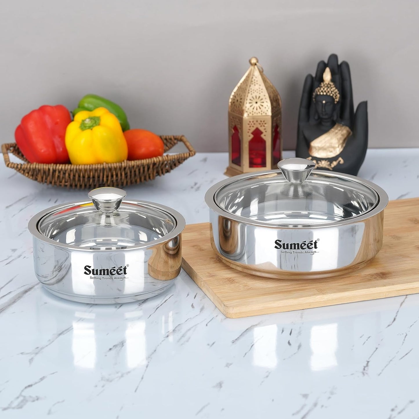 Sumeet Stainless Steel Casserole with Glass Lid | 2 Pieces - 1 Ltr & 1.6 Ltr