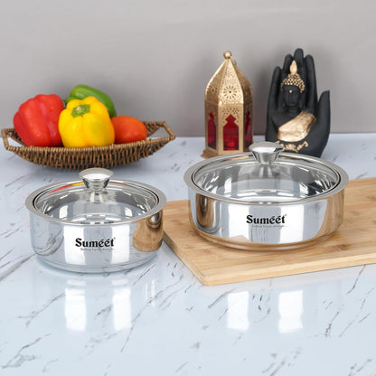Sumeet Stainless Steel Casserole with Glass Lid | 2 Pieces - 1 Ltr & 1.6 Ltr