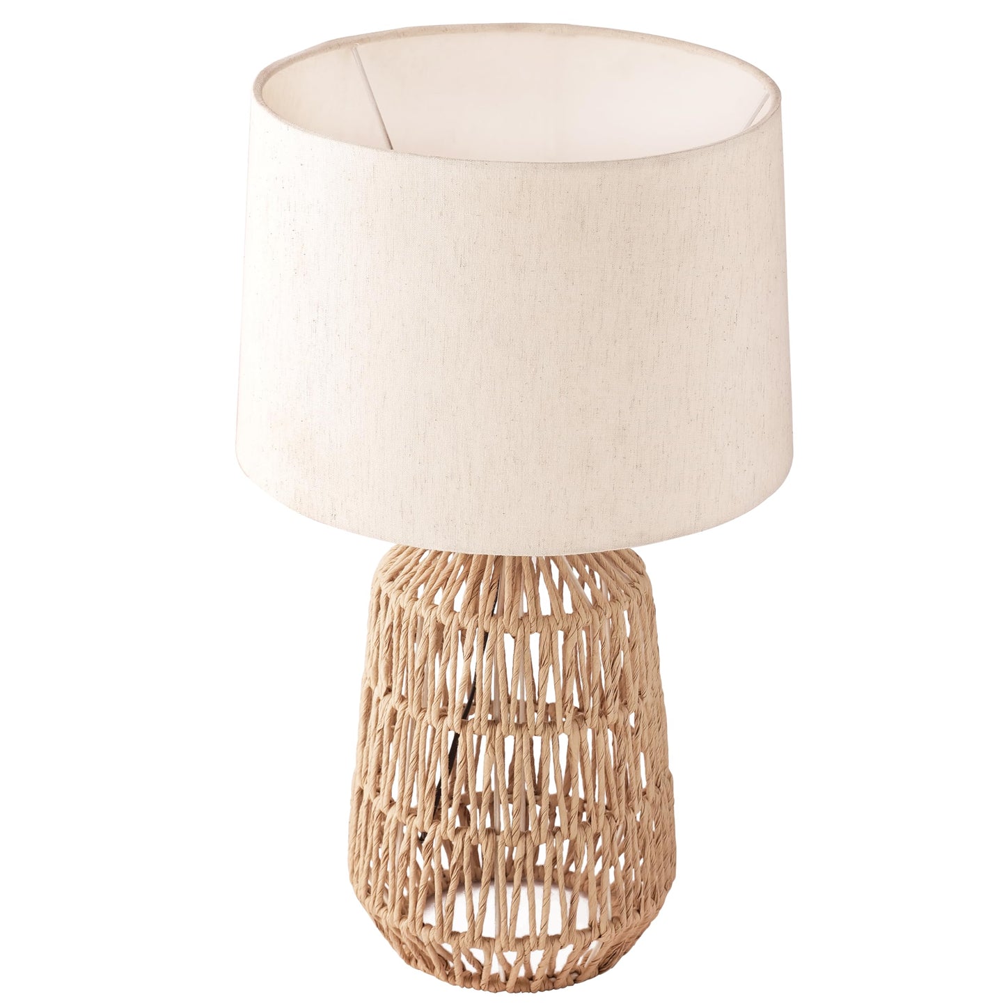 LED Table Lamp with Beige Linen Shade - Tall Paper Rope Design - Eco-Friendly