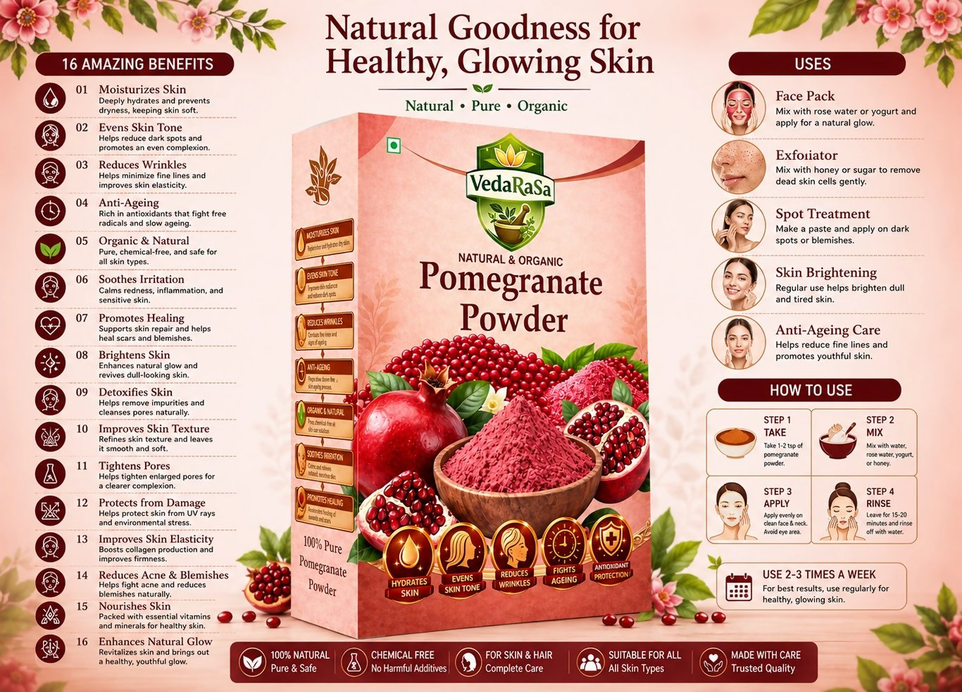 VedaRasa Pomegranate Powder For Glowing Skin & Immunity Boost Natural Fruit Powder