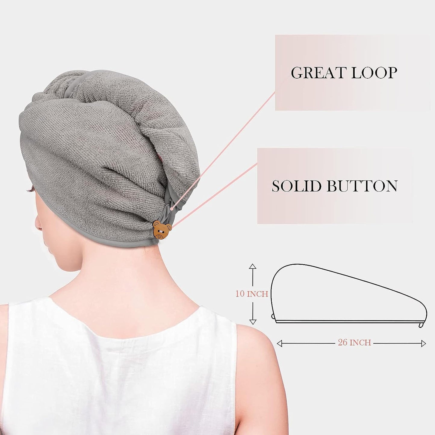 Hair Towel Wraps for Women - Quick Dry, Microfiber, 2-Pack (Grey & Pink)
