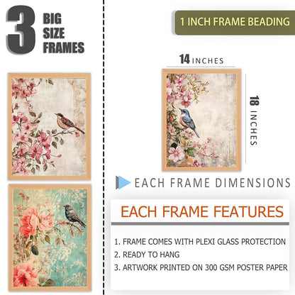 Wall Painting Set of 3 - Modern Bird Art - Beige Frame - 14x18 Inches - Acrylic Protection