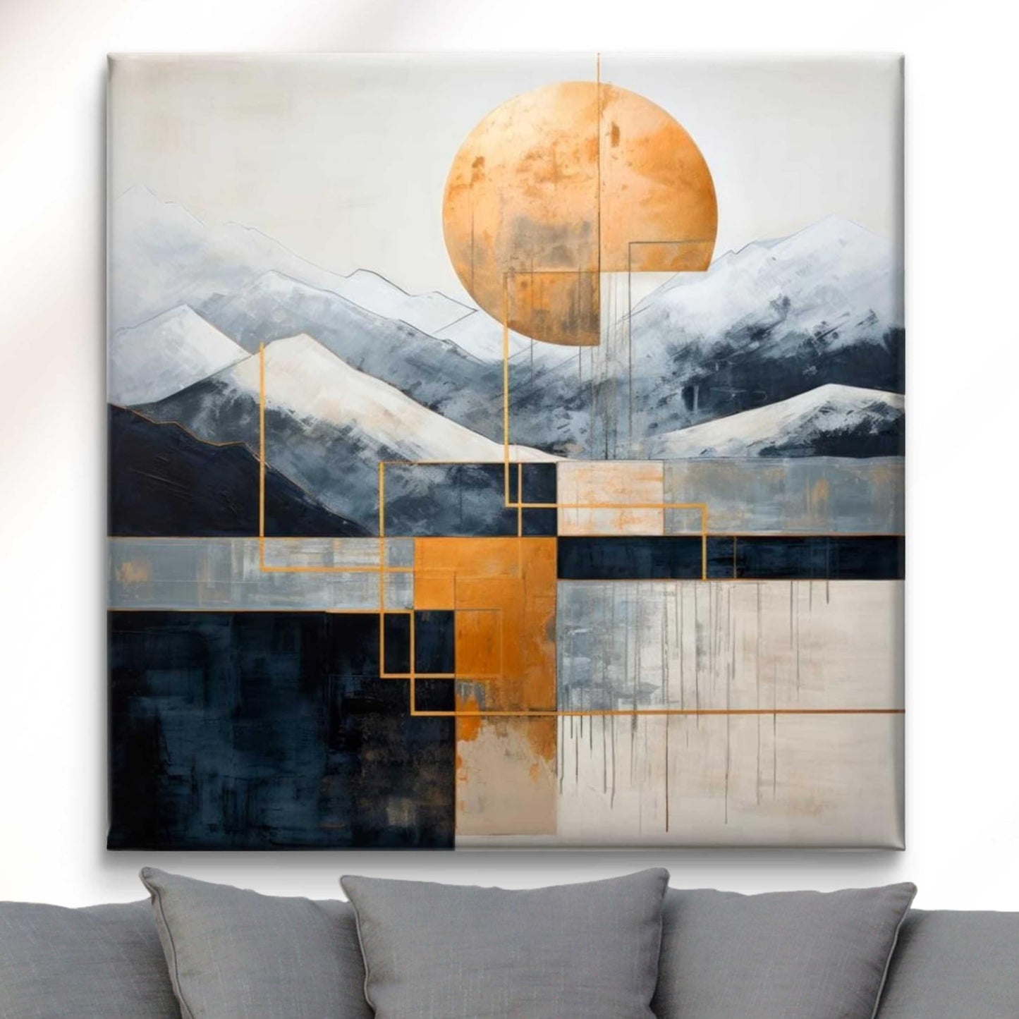 Wall Painting Modern Abstract Mountain Landscape Canvas Art Grey Navy Blue Orange 16 Inch x 16 Inch