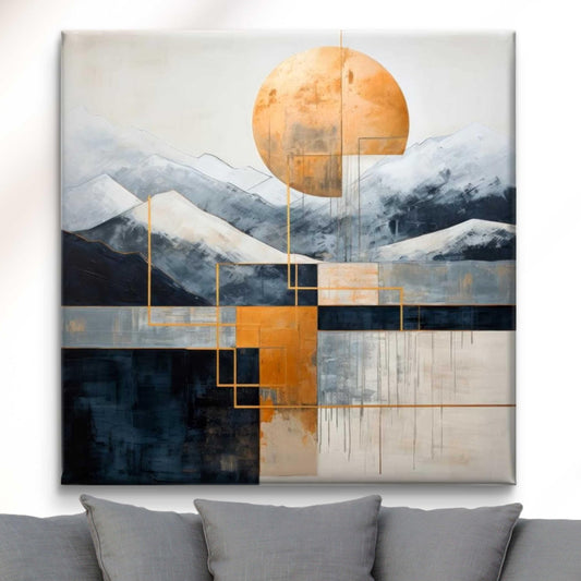 Wall Painting Modern Abstract Mountain Landscape Canvas Art Grey Navy Blue Orange 16 Inch x 16 Inch