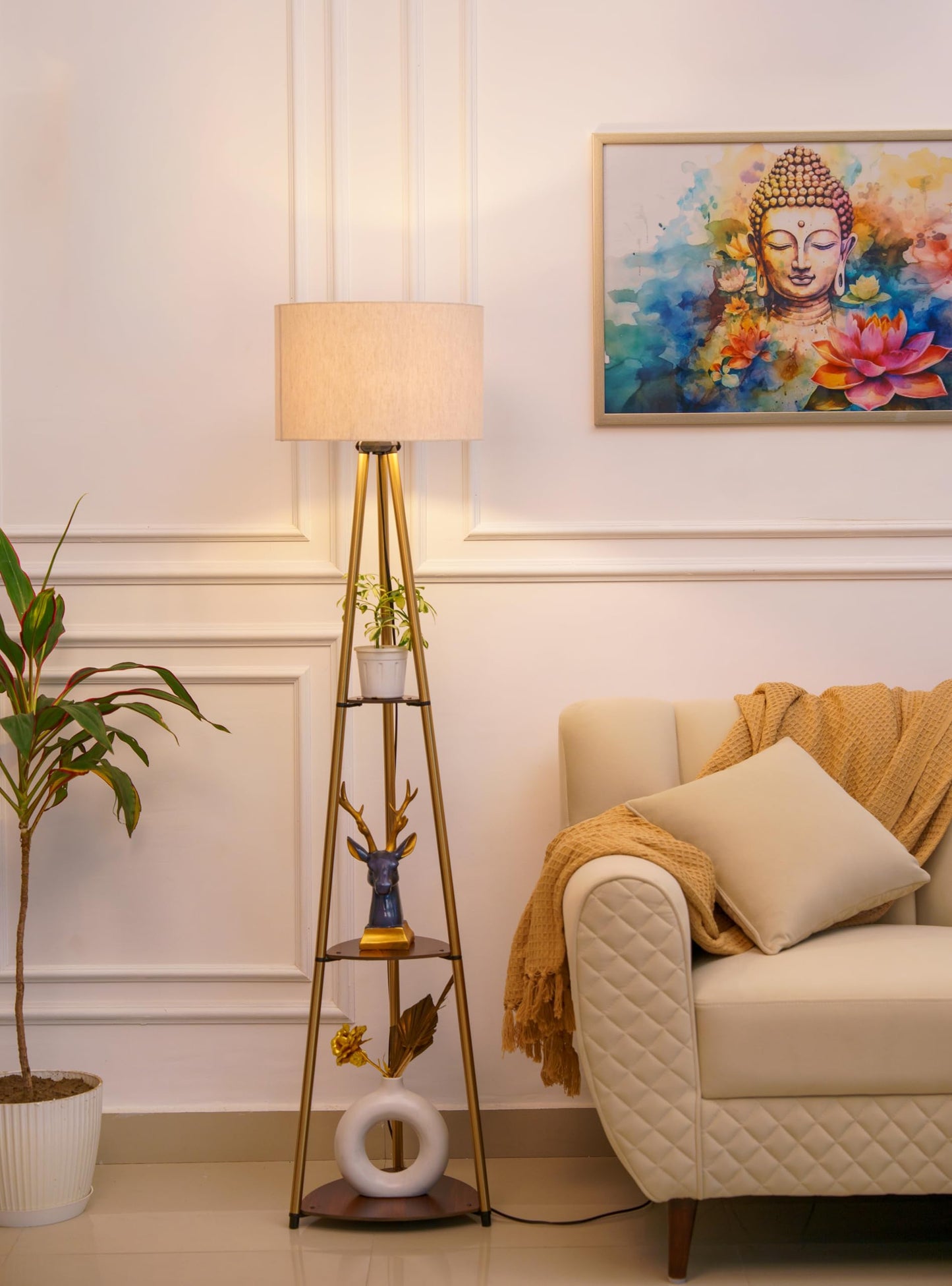 Floor Lamp with Three Shelves, Brass Antique Finish, 5Ft Height, Off White Drum Shade, LED Bulb Included
