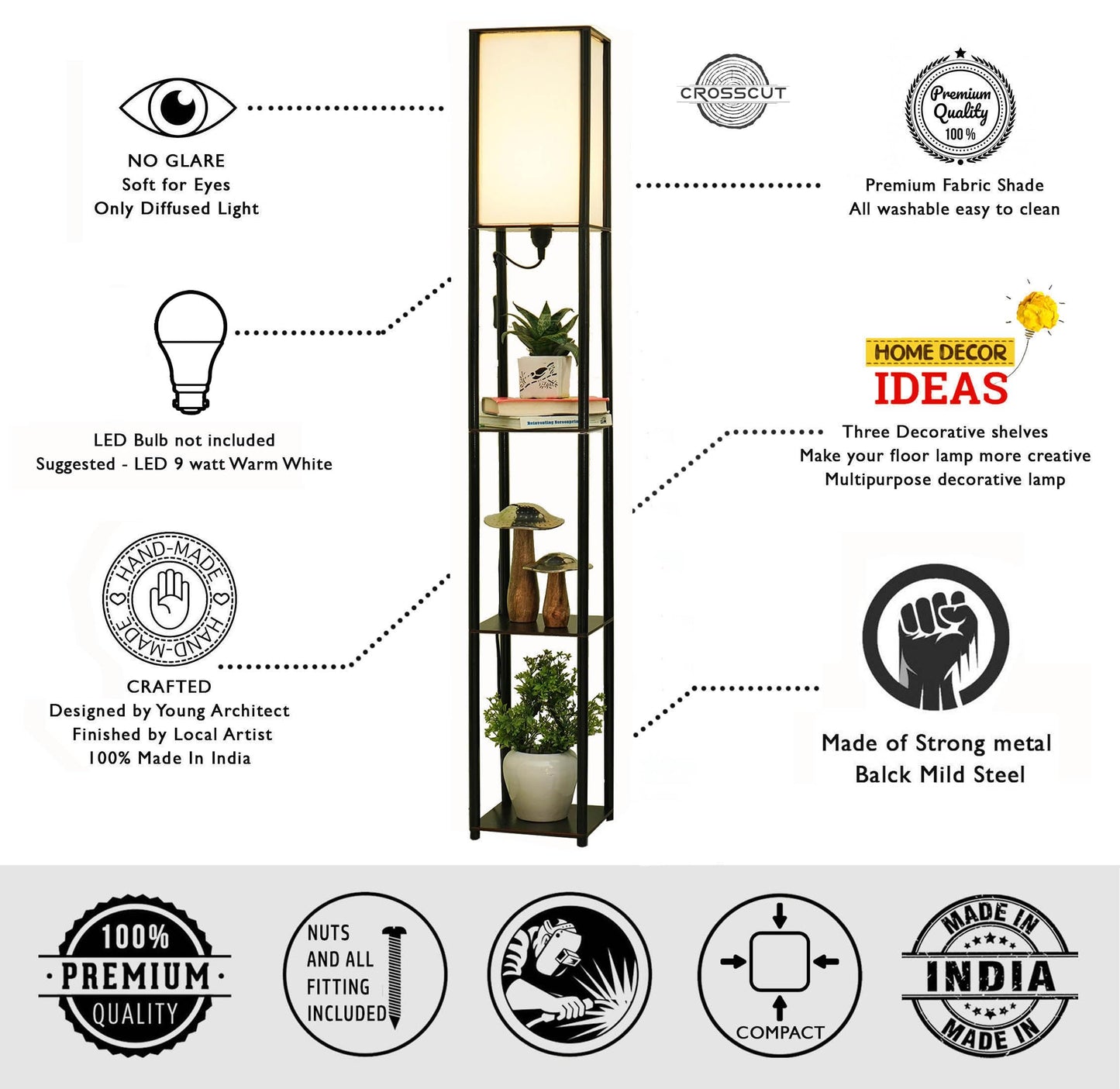 Floor Lamp with Shelf - Modern Design - Wood and Metal - Cotton White - LED Compatible