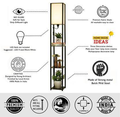 Floor Lamp with Shelf - Modern Design - Wood and Metal - Cotton White - LED Compatible
