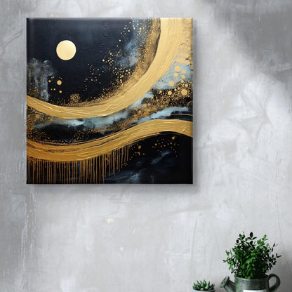 Wall Painting 3D Textured Gold Moon Night Sky Canvas 16 Inch x 16 Inch Navy Blue