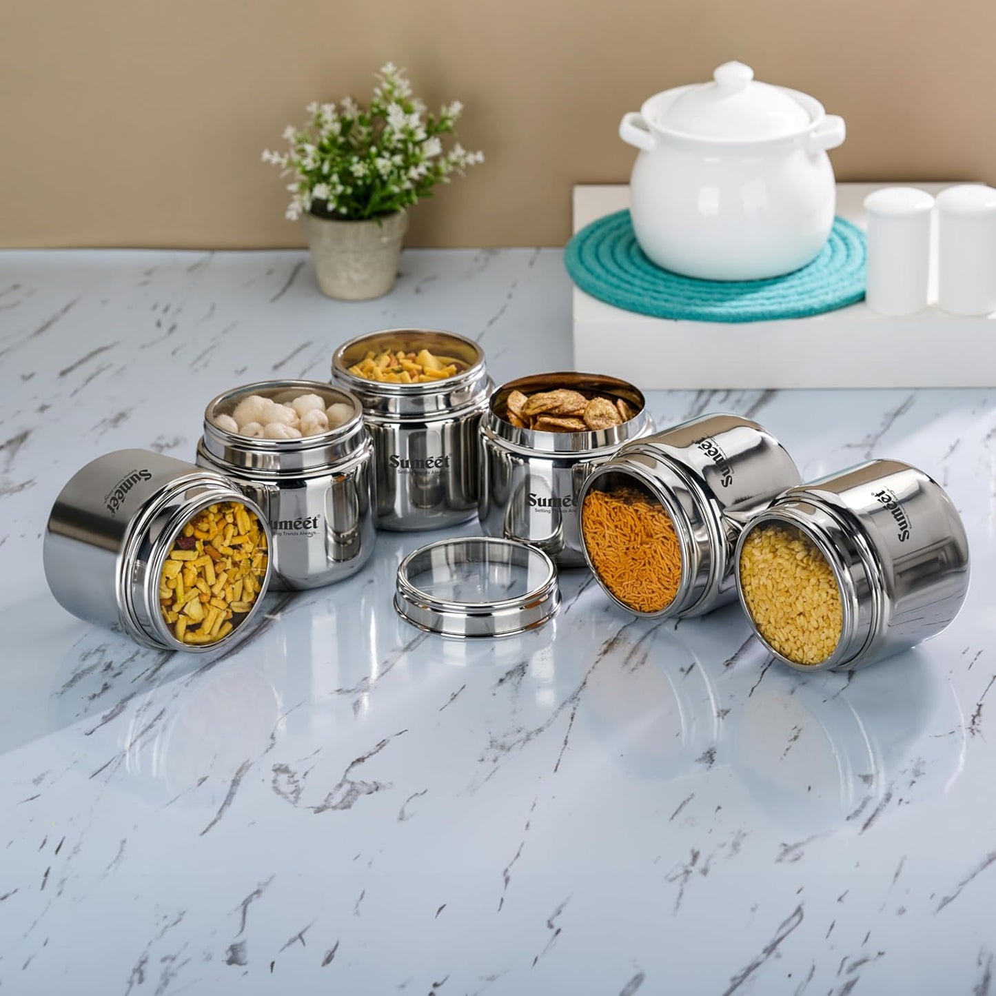 Sumeet Stainless Steel Small Canisters/Dabba/Storage Containers for Kitchen with Lid, Set of 6 Pcs, 400ml Each, 9cm Dia, Silver