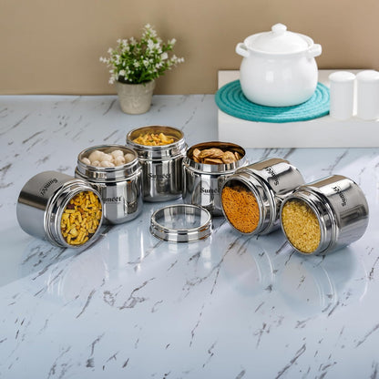 Sumeet Stainless Steel Small Canisters/Dabba/Storage Containers for Kitchen with Lid, Set of 6 Pcs, 400ml Each, 9cm Dia, Silver
