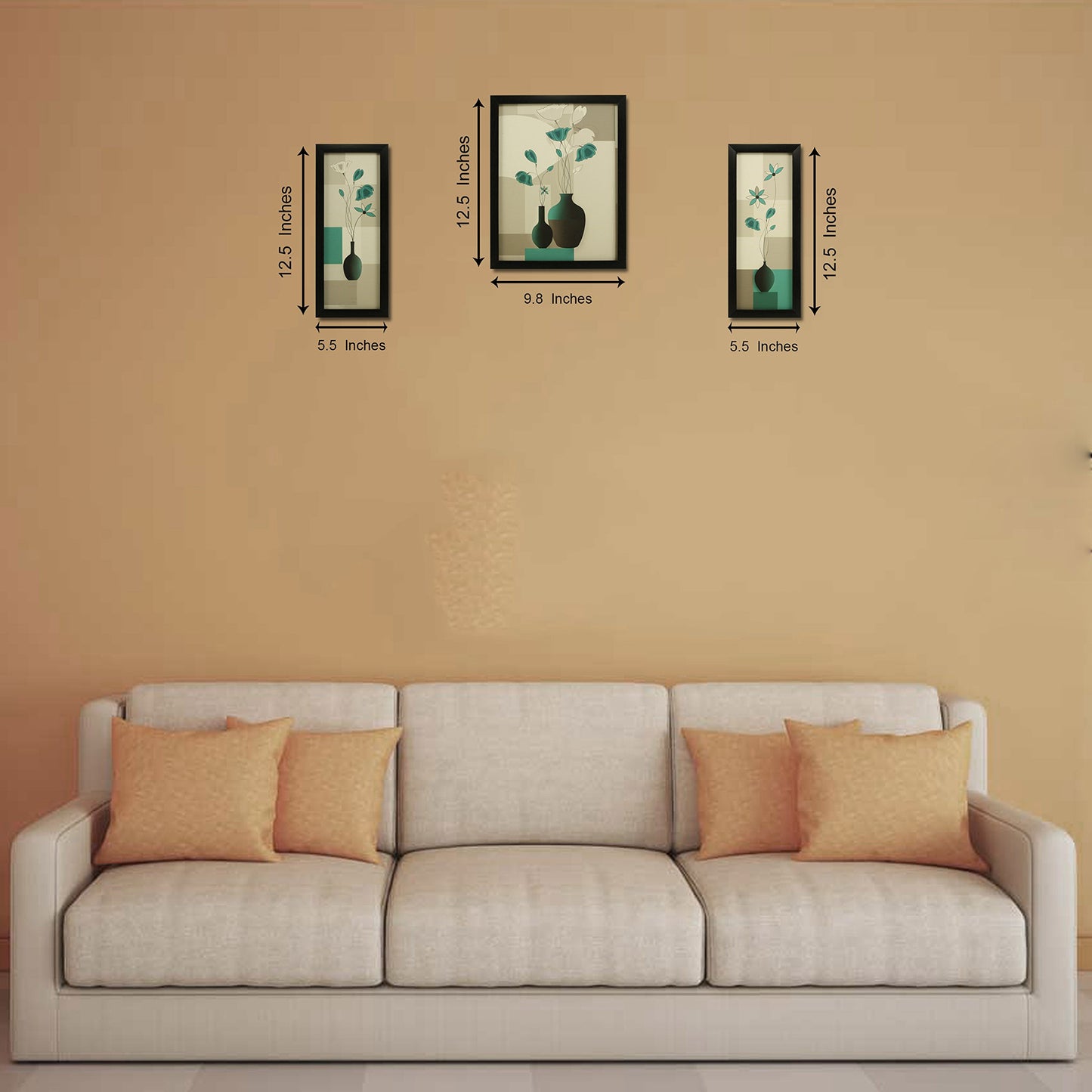 Floral Canvas Paintings Set of 3 - Black Frame - 5.2 x 12.5, 9.5 x 12.5 Inches