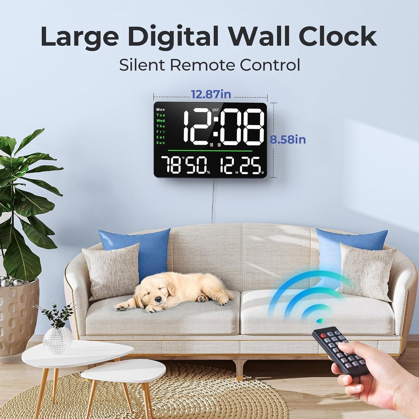 Digital Alarm Wall Clock 16 Inch with Remote Control, Dual Alarms, Temperature & Humidity Display