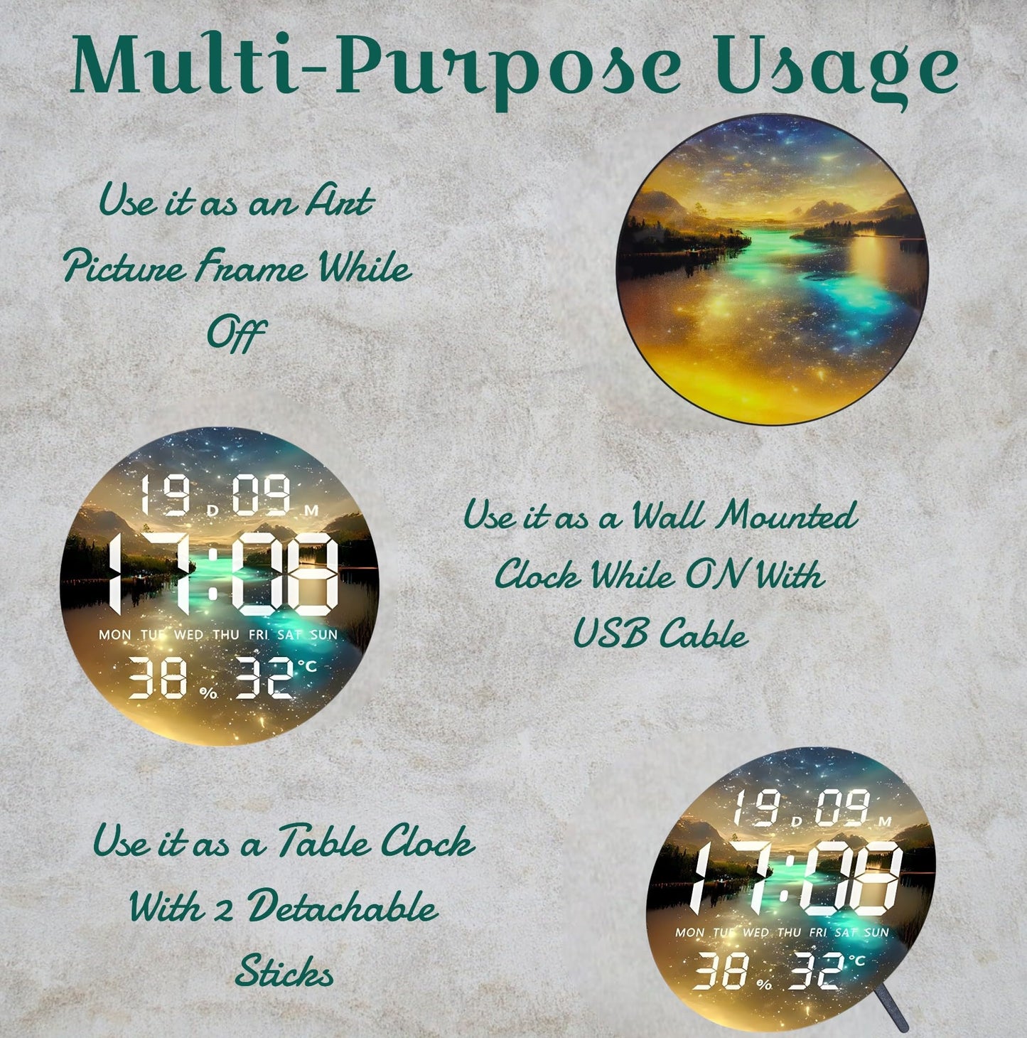 Digital Wall Clock with LED Display and Temperature, 24.3x24.3cm, USB Powered, Acrylic Surface